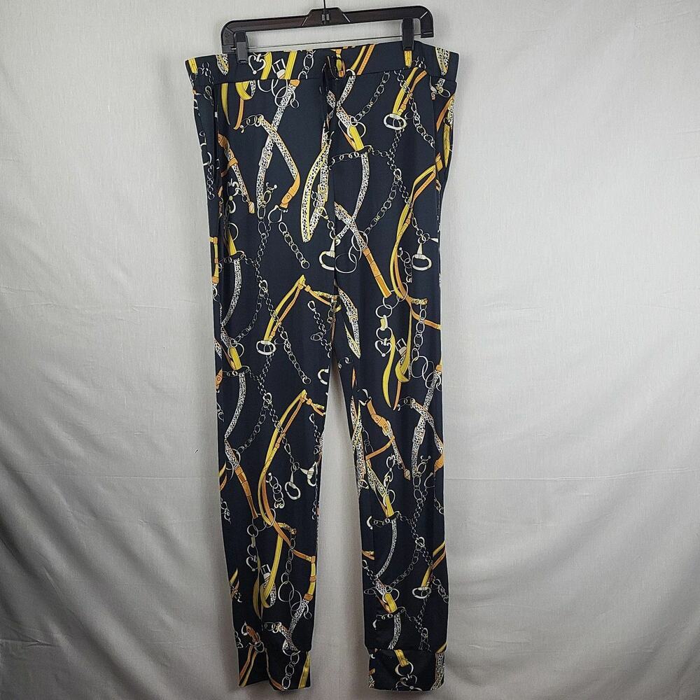Two Hearts Womens Black Belt Chain Print Drawstring Waist Jogger Pants Size 3X‎